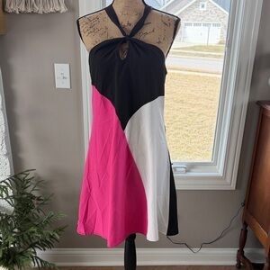 Colorblock Halter Dress - Black, Pink, and White